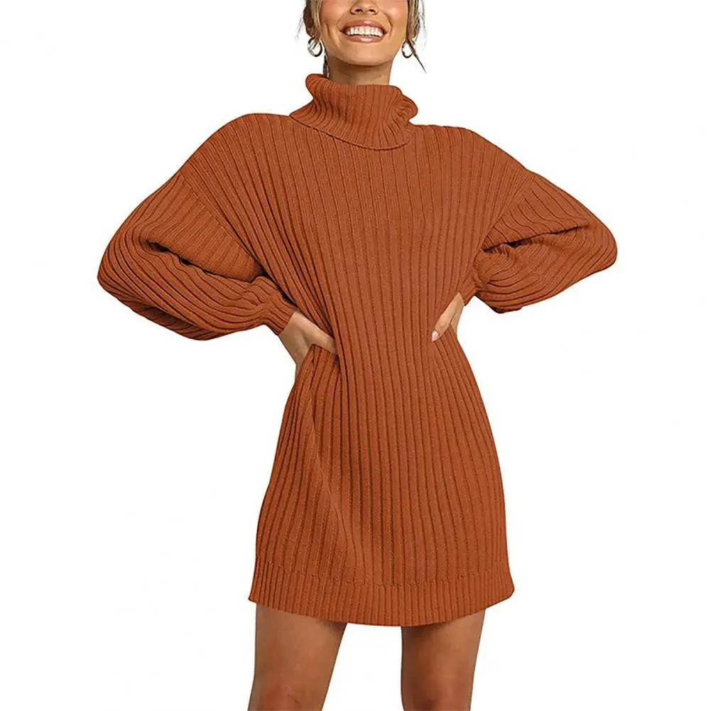 2021 Ново Дамско есенно-зимния Рокля-пуловер с висока воротом, Однотонная Топли Дрехи, Вязаный Пуловер, Модерно рокля-пуловер Изображение 4 