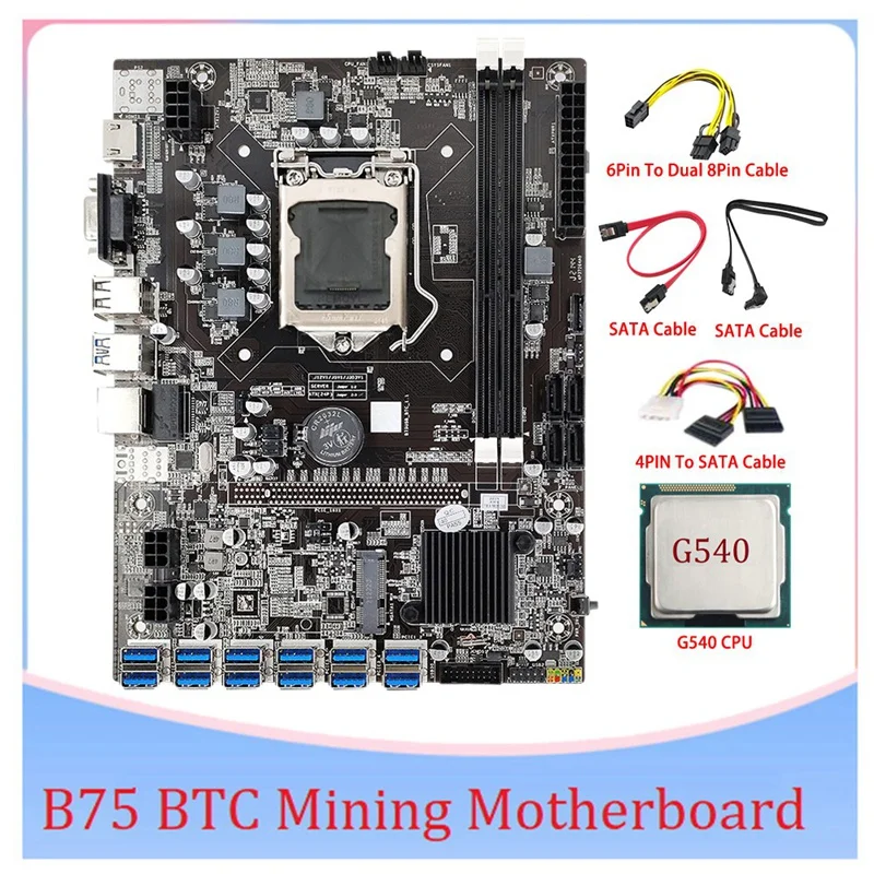 B75 дънна Платка за майнинга ETH 12PCIE към USB LGA1155 DDR3 G540 CPU + 6Pin до двойно 8Pin кабел + 4PIN към SATA кабел B75 БТК Mining