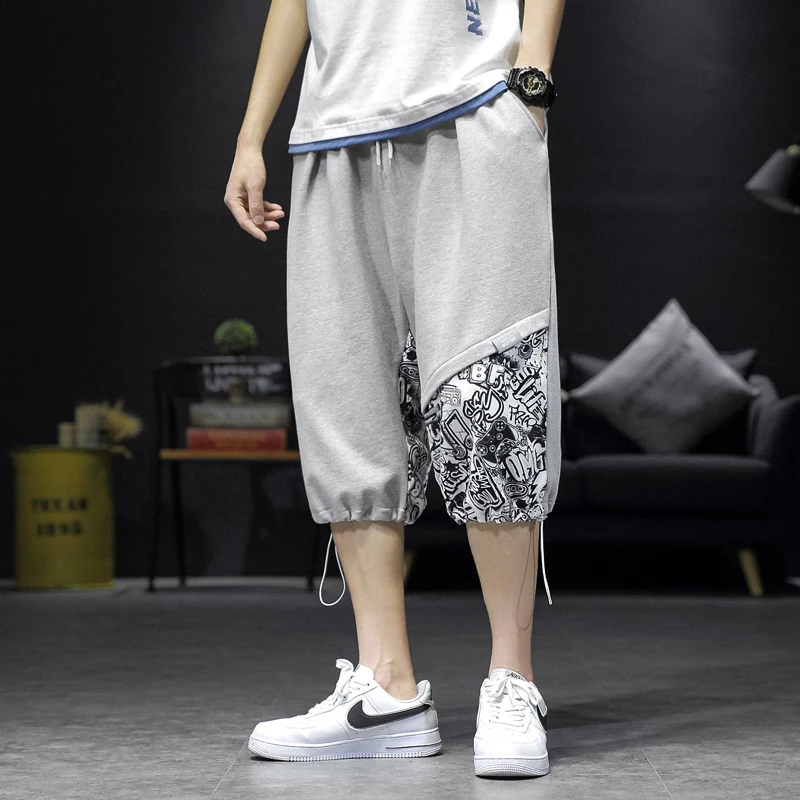 BKQU сиви спортни панталони мъжки летни свободни панталони с шарени шорти ins популярен логото на 7 минути панталони на главната улица Изображение 1 