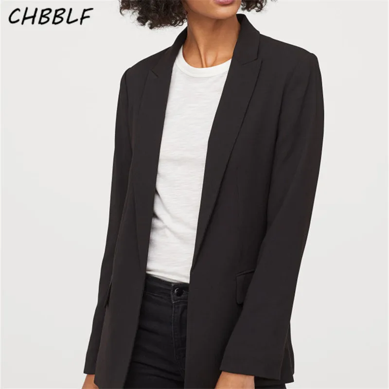 CHBBLF женски случайни стилен монофонични блейзър и яка и дълги ръкави и джобове, черна козина, дамски офис облекло, официални блузи DFT27390