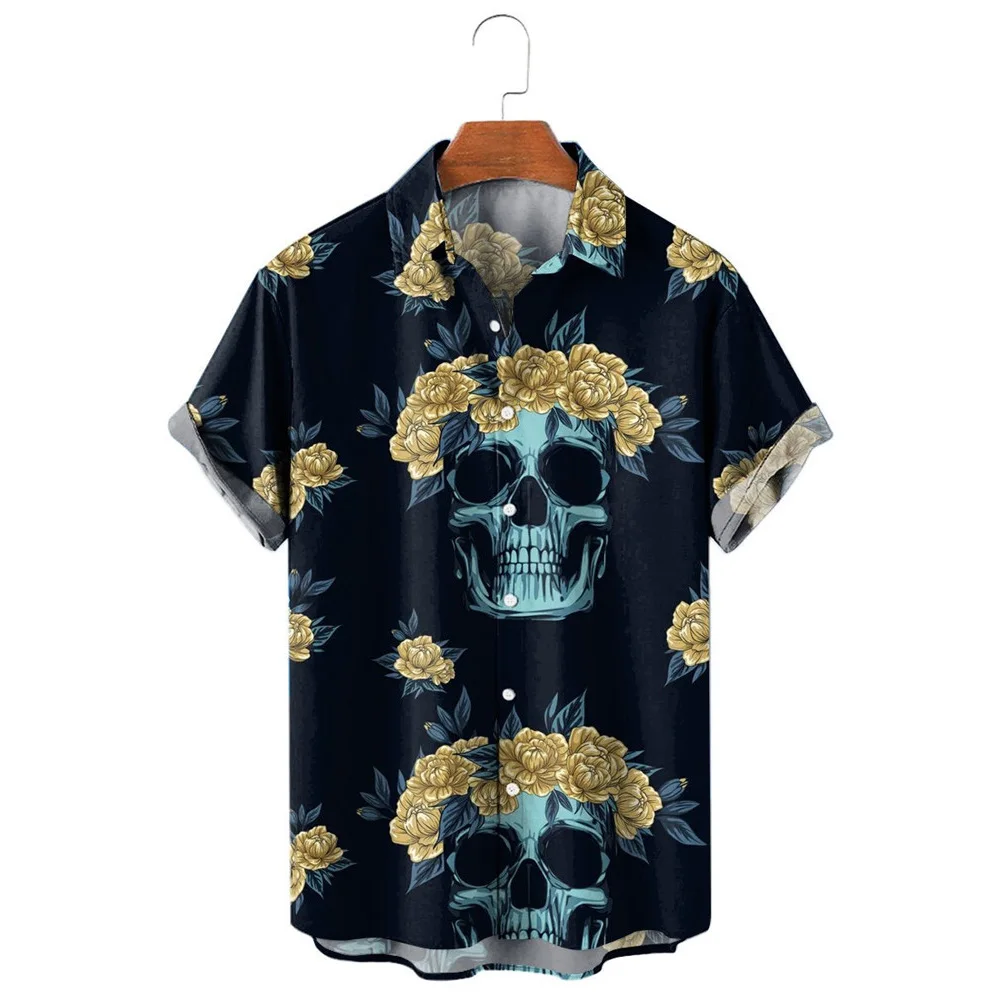 CLOOCL Модерен Мъжки Ризи със Златно Цвете и Черепа, Ежедневни Риза с 3D Принтом, Плажни Ризи с Къс Ръкав за Мъжки Дрехи