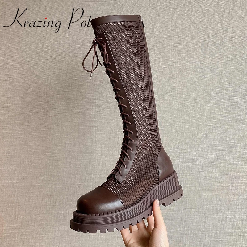 Krazing Pot/Летни обувки на дебела подметка от естествена кожа, с кръгли пръсти и кръстосана шнур За Младите Дами, Ежедневни Облекла, Модни Високи ботуши до бедрата, L9f2 Изображение 0 
