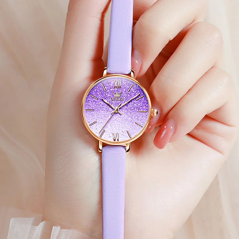 OLEVS студентски часовници гривна комплект за жени, Луксозни кожени sky star водоустойчив прости ръчни часовници лилаво часовник кварцов всеки ден