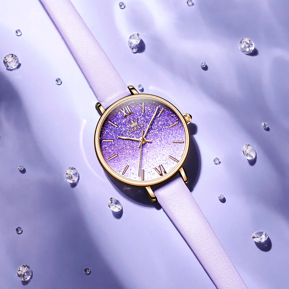 OLEVS студентски часовници гривна комплект за жени, Луксозни кожени sky star водоустойчив прости ръчни часовници лилаво часовник кварцов всеки ден Изображение 2 