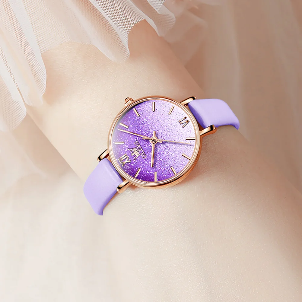 OLEVS студентски часовници гривна комплект за жени, Луксозни кожени sky star водоустойчив прости ръчни часовници лилаво часовник кварцов всеки ден Изображение 3 