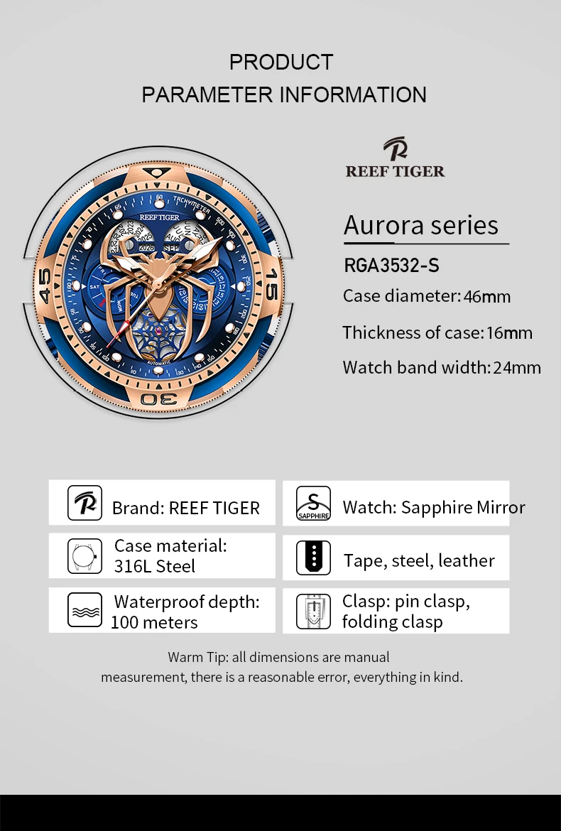 Reef Tiger Мъжки Автоматичен Часовник Военни Часовници, Механични Часовници С Светящимся Вечен Календар Стомана Каишка син сапфир RGA3532 Изображение 1 