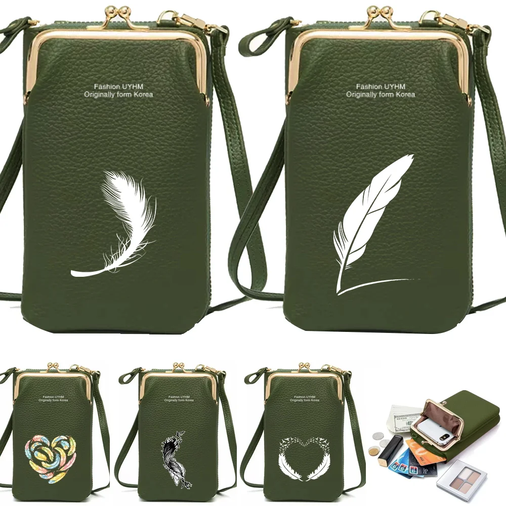 Дамска чанта за мобилен телефон Huawei/iPhone 13 12, Държач за карти, Портфейл, Кожени Чанти на рамо, чантата с принтом пера, чанта за телефон за момичета