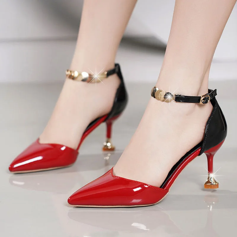 Дамски Модни Сладък Остър Чорап Катарами На Колан На Шипове В Петите Дама На Хладно Червено Вечерни Обувки На Токчета Бели Токчета
