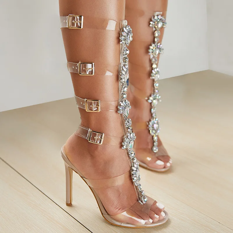 Дамски обувки големи размери, прозрачна обтегач на колана, римски стръмни обувки с пирсингом, модни сандали на висок ток с кристали, дамски високи ботуши Изображение 0 