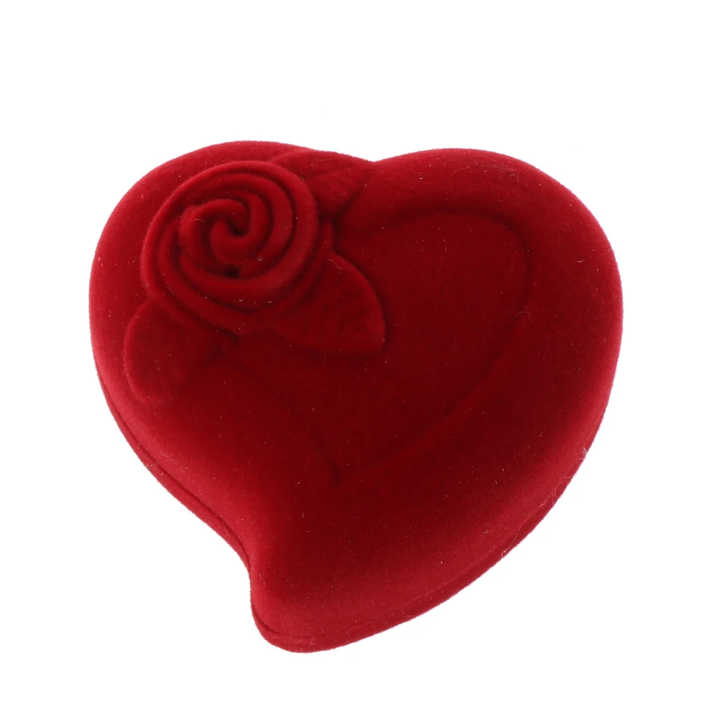 Двойна Кутия За Годежни Пръстени Кадифе Форма На Сърце Червена Роза Цвете Кутия За Бижута Дисплей