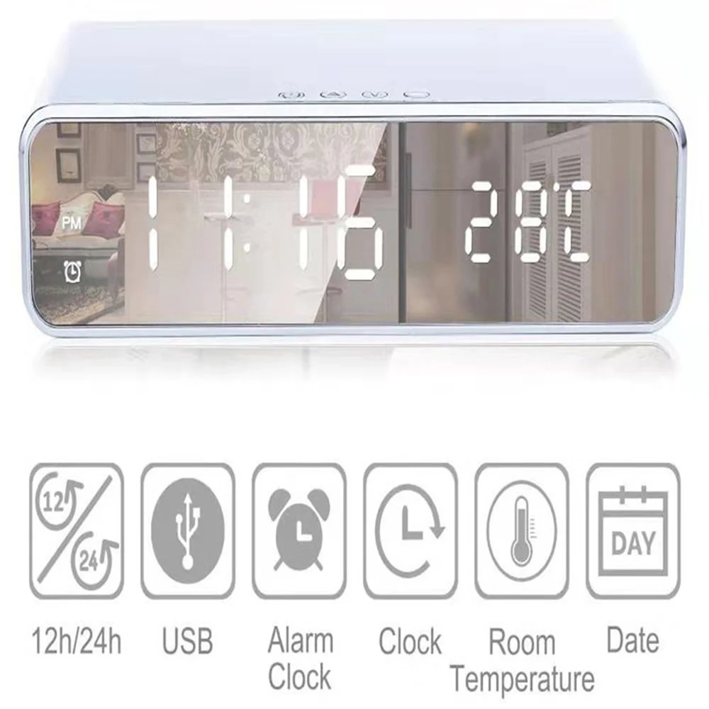Многофункционално Безжично Зарядно Устройство Led Електрически Будилник Дигитален Термометър Тенис На Огледален Alarm Clock Мобилен Телефон Qi Зареждане Изображение 2 