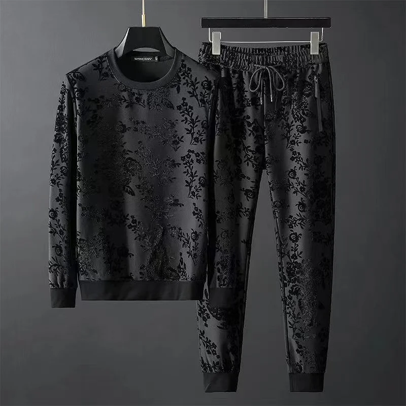 На европейския и американския нов индивидуален обикновен тъмен цвят с кръгло деколте и дълъг ръкав, пуловер, панталони, мъжки костюм от две части