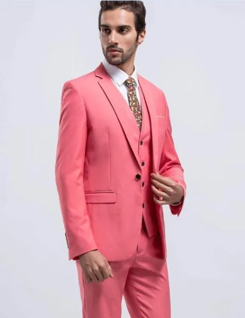 Ново записване, ярко розово смокинги за младоженеца в една пуговице, Мъжки костюми с изрезки на лацканах, Блейзери (Яке + панталон + елек + вратовръзка), W: 1026