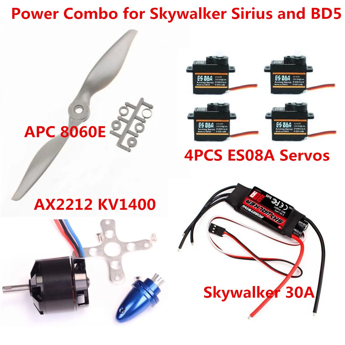 Разход на източник на храна за Skywalker Сириус и BD5 (AX2212 kv1400 Мотор APC8060E витлото Skywalker 30A ESC 4xES08A сервомашинки) Изображение 0 