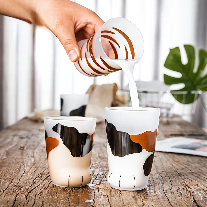 Японската котешка лапка чаша животно стъкло креативна матирана чаша чудесен отпечатък от котешка кучешки лапи чаша мляко за закуска