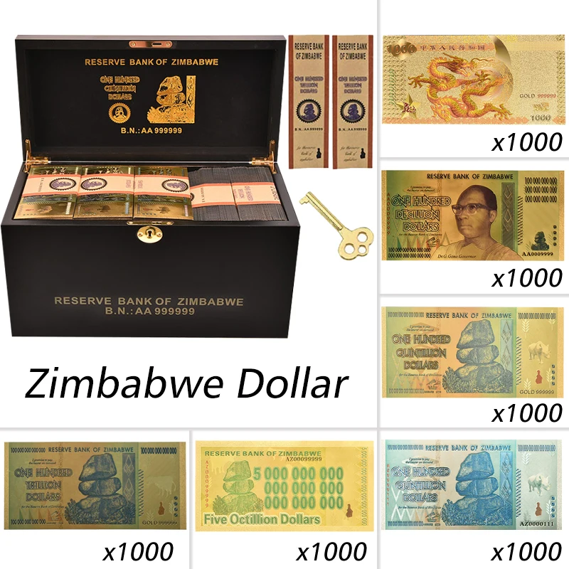 1000 бр. Зимбабве Златни Банкноти от 100 трилиона Z100 долара/100 квинтриллионов/5 октиллионов/100 дециллионов Долара Фалшиви Пари Хартия Бизнес Подарък