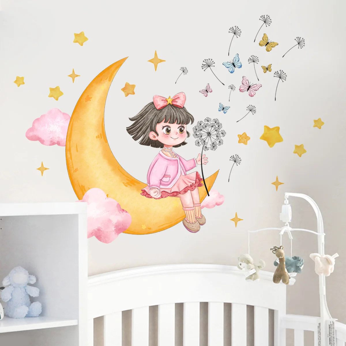 30*90 см Момиченце Луната Звезда Пеперуда Карикатура Стикер На Стената Сладък Творчески Фон Монтиране на Украса на Стаята Рисувани Стенни Стикер За Стена