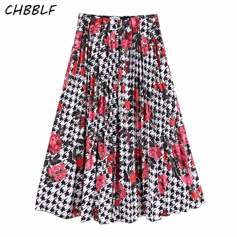 CHBBLF дамски миди полата с флорални принтом, плажен стил, драпированная дамски стилна ежедневна пола трапецовидна форма BGB9663