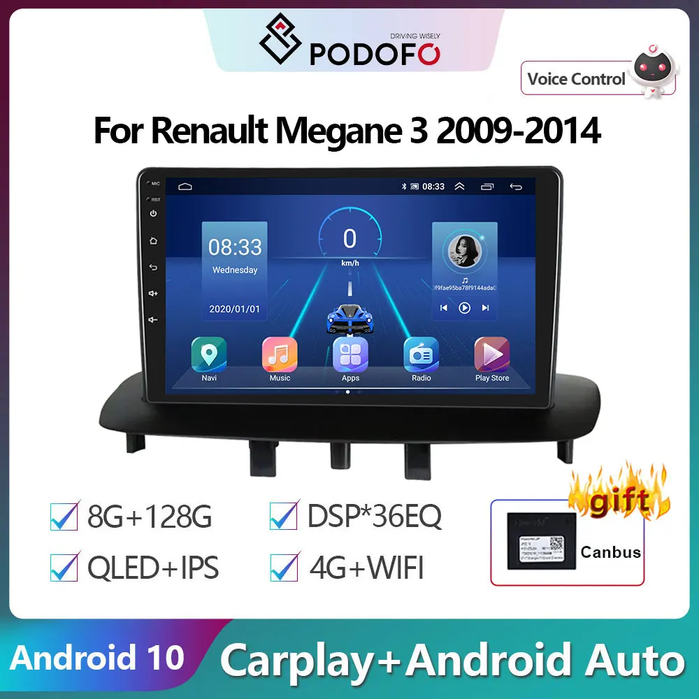 Podofo 2 Din Android 10 Авто Радио, Мултимедиен Плейър За Renault Megane 3 2009-2014 GPS Навигация 2din Carplay Авто Стерео