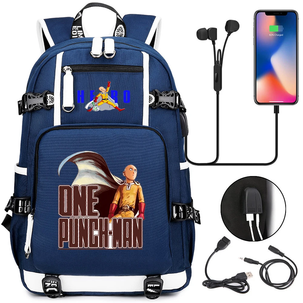 Аниме One Punch Man USB Зареждане Слушалки Случайни Раница Високо Качество на Карикатура Чанта За Лаптоп Студент Тийнейджър Училище Раница с Цип