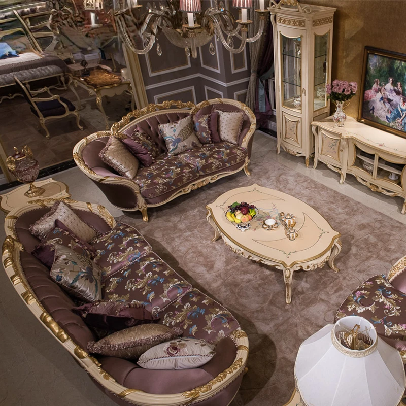 Европейският стил на кожен диван хол 123 комбинация от лукс масив дърво френски светлина луксозен размер