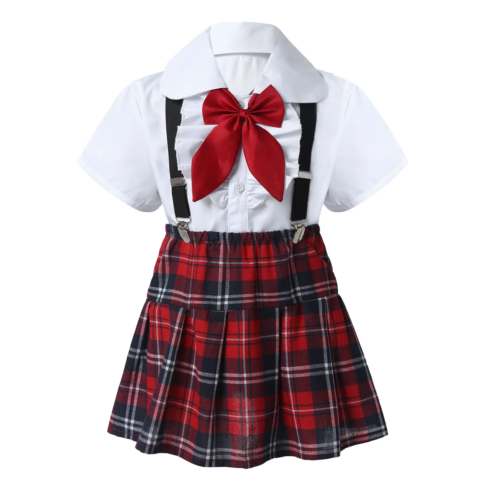 Комплект класически студентска дрехи за момичета, Училищни униформи в британския стил, клетчатая Плиссированная пола трапецовидна форма с подтяжками и равенство-лък Изображение 0 