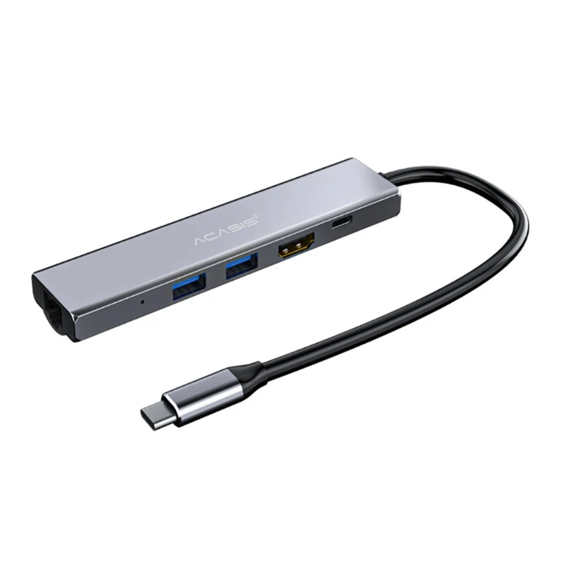 Многофункционално зарядно устройство 5 в 1 USB Type C Хъб към HDMI-съвместим USB3.0 Gigabit Ethernet PD Такса за Лаптоп