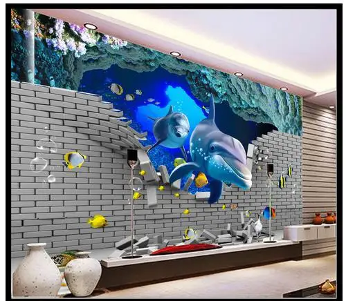 Потребителски фотообои 3D стенописи подводен свят на делфините, хол ТЕЛЕВИЗИЯ фон на стените вътрешна рисувани стенописи на тапети Изображение 0 