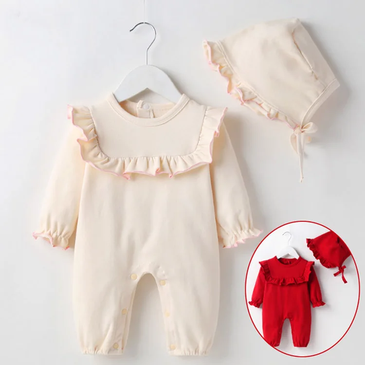 Пролет-есен облекло за разходка за момичета, гащеризон с дълъг ръкав за новородено, памук + Капачка Изображение 3 
