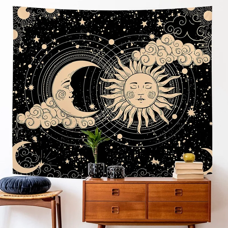 Слънцето и Луната Гоблен Естетически Кошмарен Слънцето и Луната Черен Стенен Гоблен за Декор на Стаята - 130x150 см